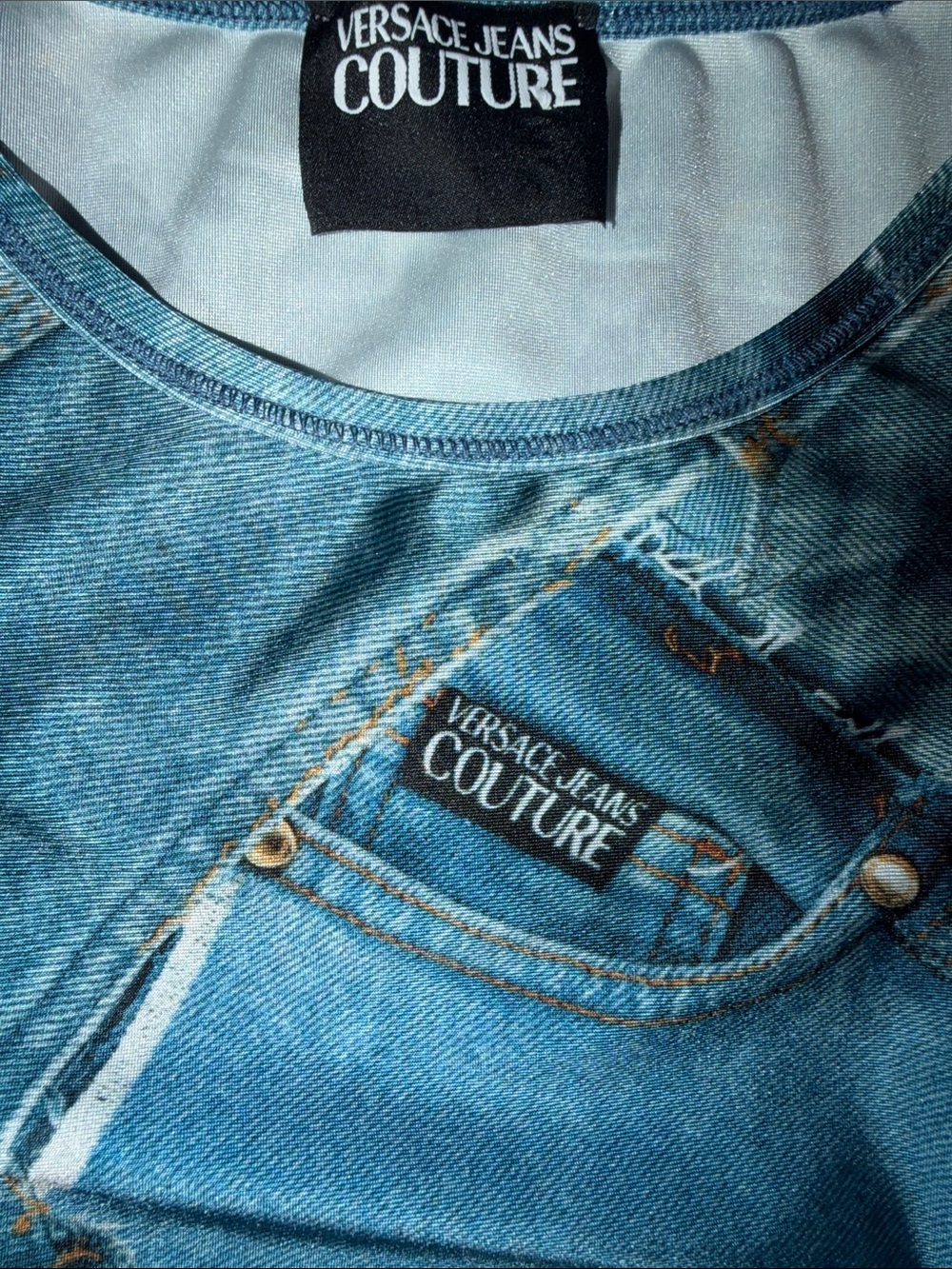 Versace Jeans Collection Blue Denim-Print Crop Top - Picture 2 of 5